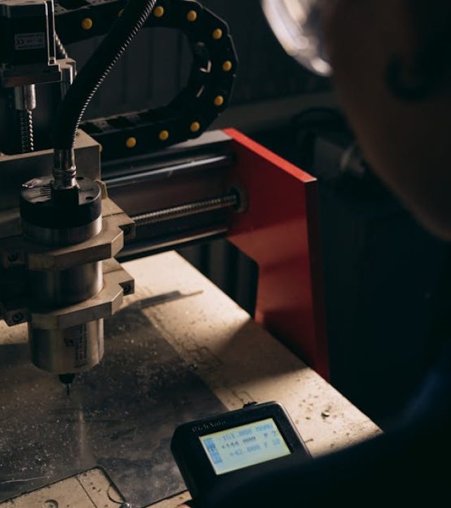 A detailed view of a CNC machine being operated by a person indoors with dim lighting.